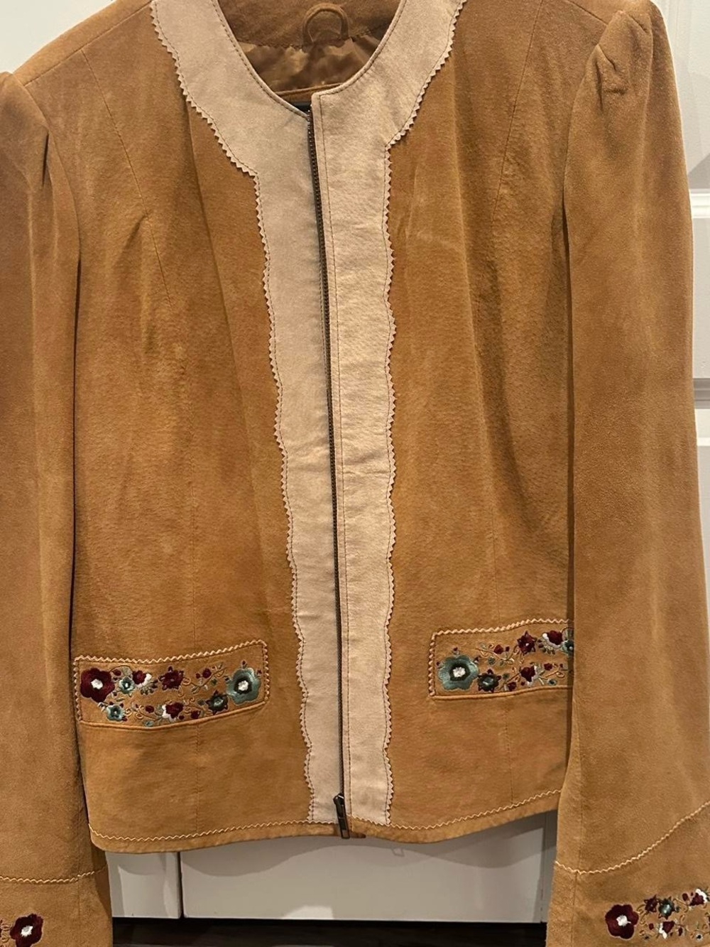 Suede Embroidered Tan Jacket with Cream Trim